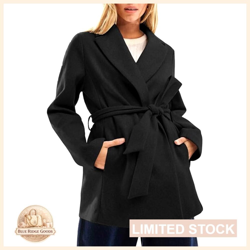 Wool Blend Trench Coat Belted Notched Lapel Slim Fit Winter Warm Jacket